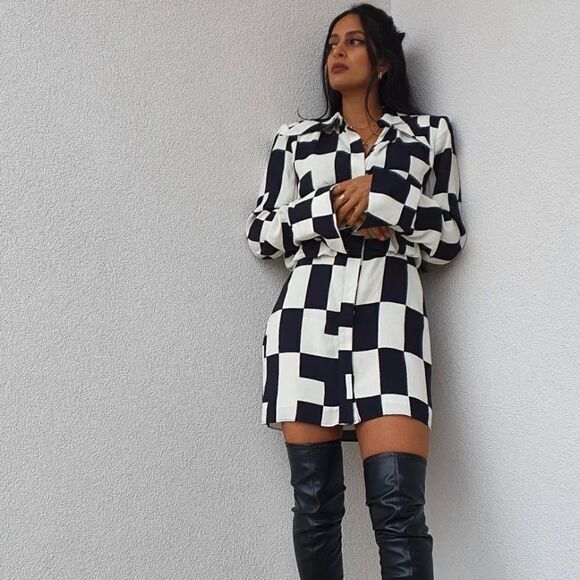Mango Check Button Shirt Dress Black White New - Picture 3 of 10